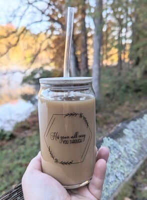 His Grace Will Carry You Through Glass Tumbler With Bamboo Lid and Straw