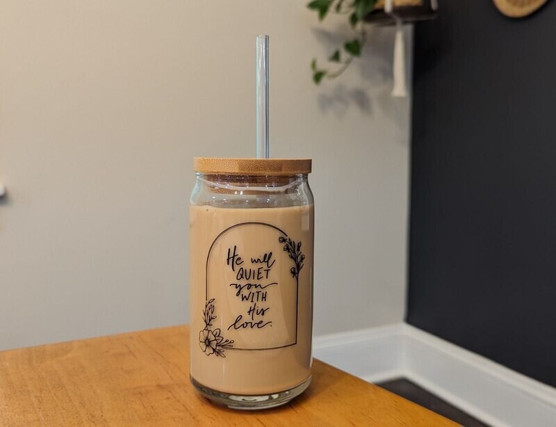 Handlettered He Will Quiet You With His Love Glass Tumbler With Bamboo Lid and Straw