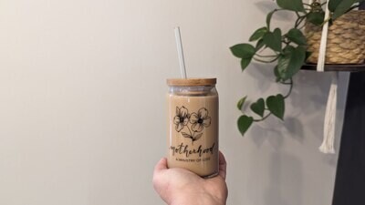 Motherhood Handlettered A Ministry of Love Glass Tumbler With Bamboo Lid and Straw