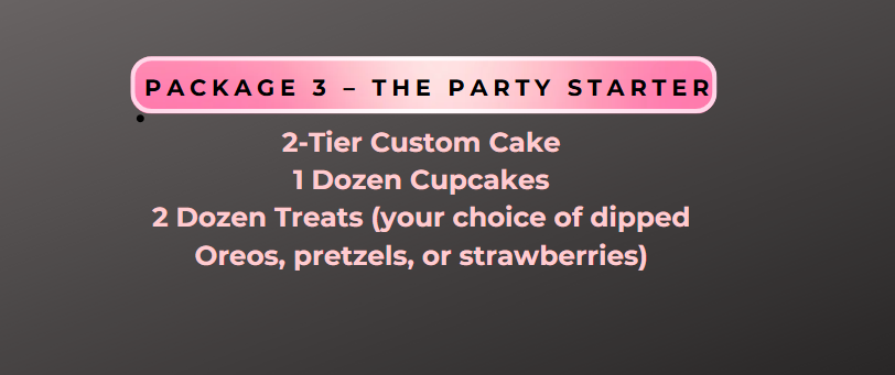 Package 3  - 2-Tier Cake + 1 Dozen Cupcakes + 2 Dozen Treats The Party Starter (Please Read Description