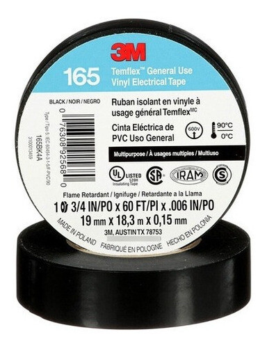 Teipe 3M Temflex Cinta Aislante Eléctrica de Pvc Nro165 3/4”In x18.3 Mts.
