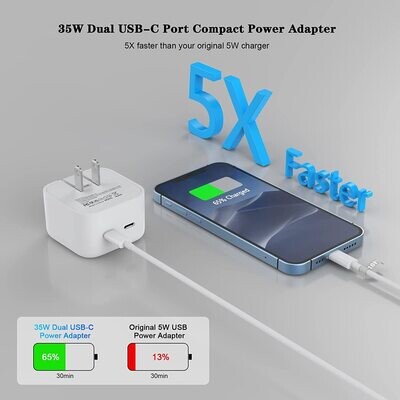 Cargador rápido para iPhone, cargador de pared doble USB-C de 35 W, Certificado Apple MFi.