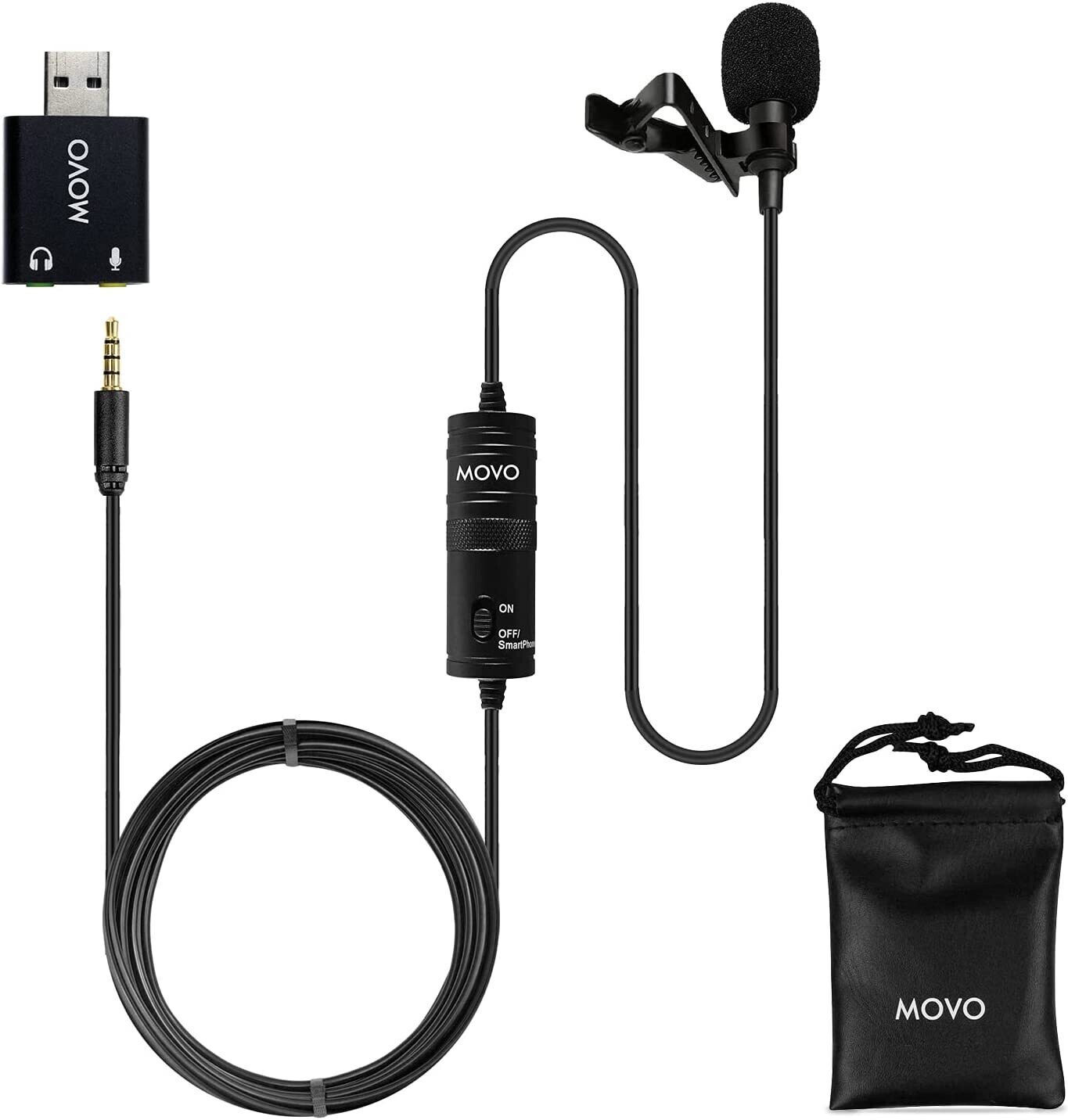 Micrófono universal Lavalier jack 3.5mm con adaptador USB, Movo LV1-USB