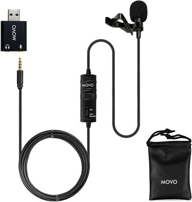 Micrófono universal Lavalier jack 3.5mm con adaptador USB, Movo LV1-USB