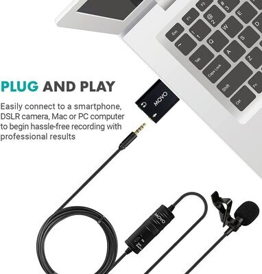 Micrófono universal Lavalier jack 3.5mm con adaptador USB, Movo LV1-USB