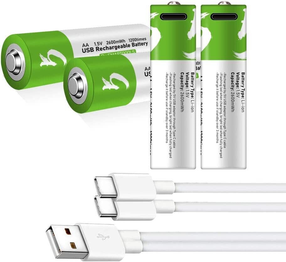 Batería recargable de iones de litio USB-C AA, alta capacidad de 1.5 V 2600 mWh, carga rápida de 1.5 horas, 1200 ciclos con cable de puerto tipo C