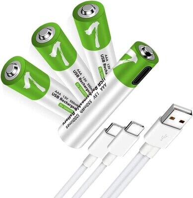 Batería recargable de iones de litio USB-C AAA, alta capacidad de 1.5 V 750 mAh, carga rápida de 1.5 horas, 1200 ciclos con cable de puerto tipo C