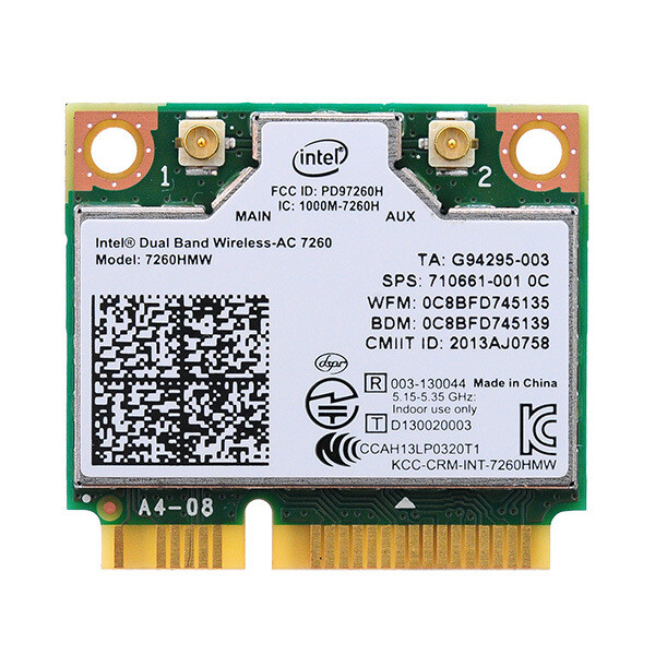 Adaptador Intel® Dual Band Wireless-AC 7260 802.11ac, doble banda, 2x2 Wi-Fi + Bluetooth