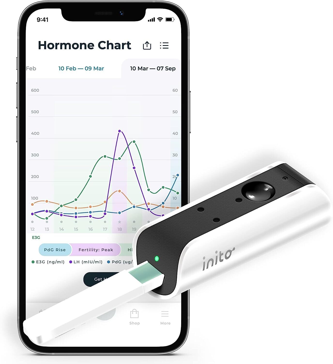 Monitor de fertilidad Inito y rastreador de hormonas para mujeres | Niveles de metabolitos de estrógeno, LH y progesterona - PdG, FSH | Predecir y confirmar la ovulación para iphone 13 Pro