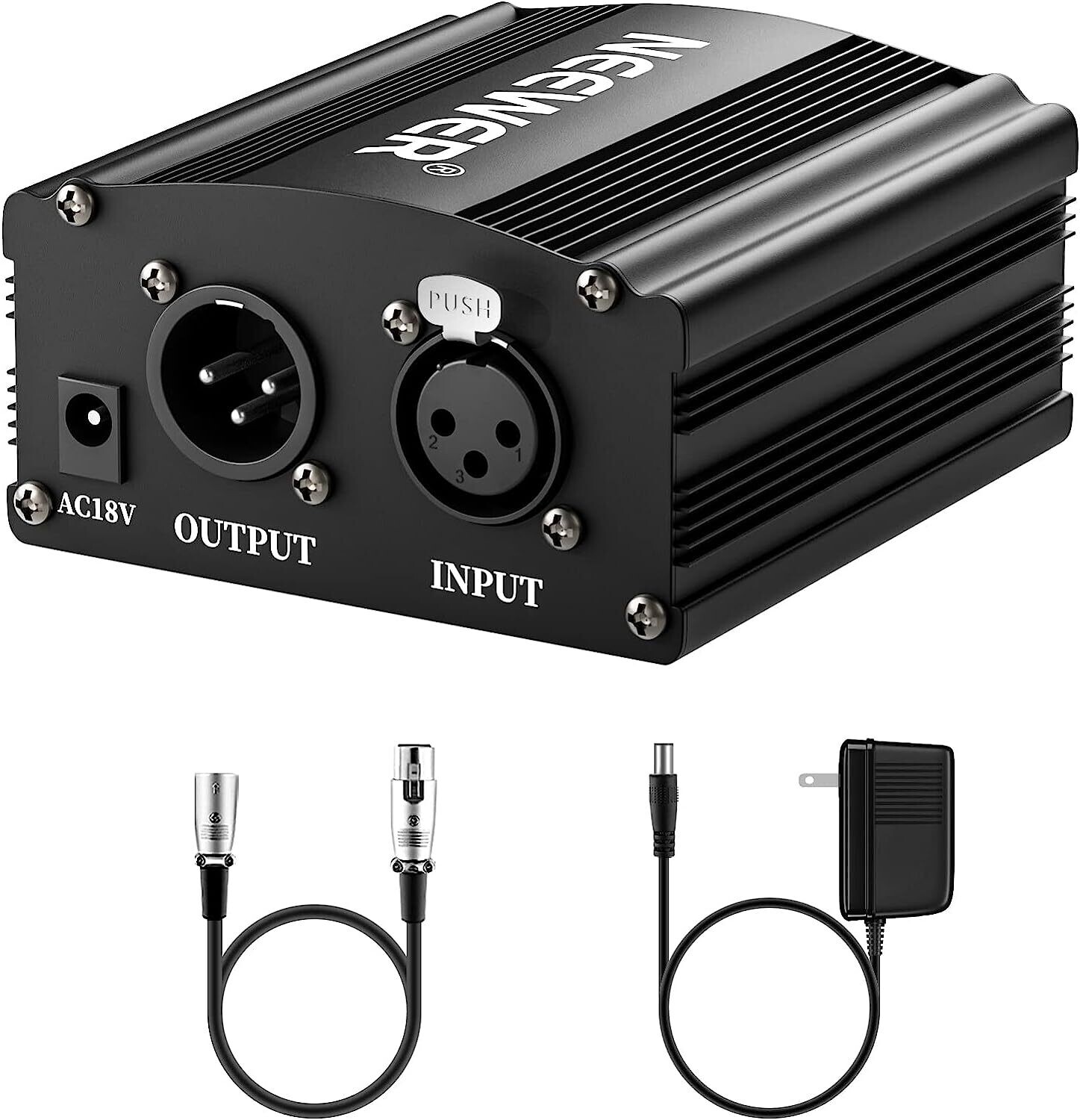 Neewer Fuente de Alimentación  de 1 Canal 48V con Adaptador, BONUS+XLR Cable de Micrófono de 3 Pines para Cualquier Equipo de Grabación de Música con Micrófono de Condensador (8 pies)