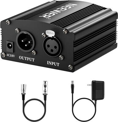 Neewer Fuente de Alimentación  de 1 Canal 48V con Adaptador, BONUS+XLR Cable de Micrófono de 3 Pines para Cualquier Equipo de Grabación de Música con Micrófono de Condensador (8 pies)