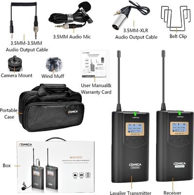 Sistema de micrófono Lavalier inalámbrico, Comica CVM-WM100 UHF 48 canales