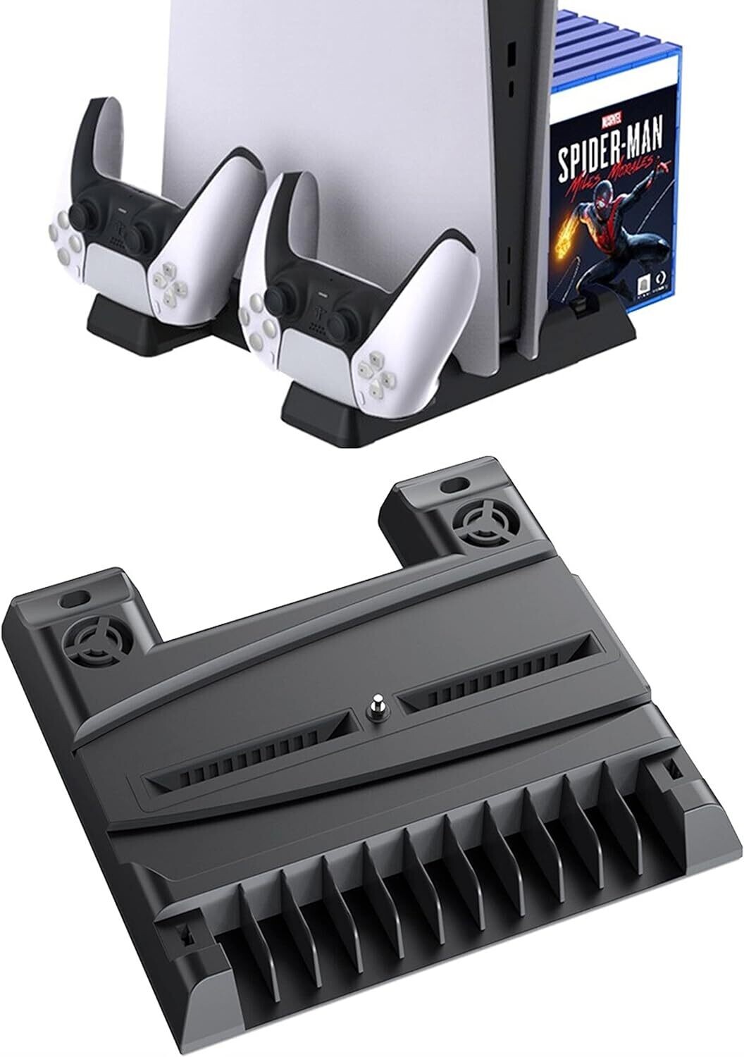 Soporte para accesorios de consola PS5 con ventilador de refrigeración y estación de carga del controlador PS5.