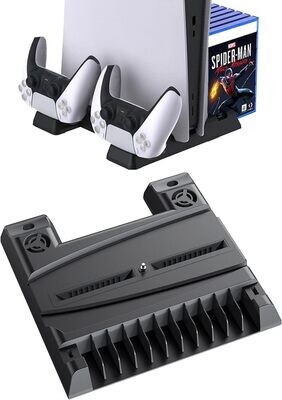 Soporte para accesorios de consola PS5 con ventilador de refrigeración y estación de carga del controlador PS5.