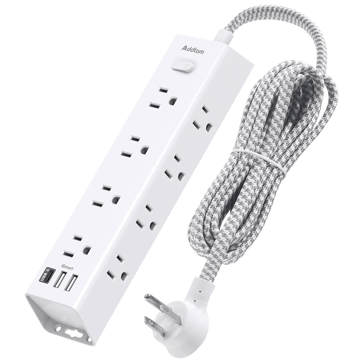 Regleta de alimentación con protección contra sobretensiones de 12 toma corrientes Addtam con 3 puertos USB y cable