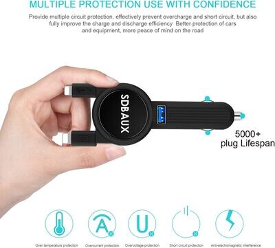 Cargador de coche, carga rápida de 3.1 A/15 W, SDBAUX para iphone