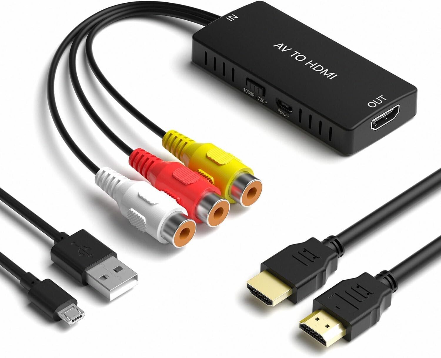 Convertidor RCA a HDMI, Soporte 1080P, PAL/NTSC Compatible con WII/WII U/PS one/PS2/PS3/STB/Xbox/VHS/VCR/Blue-Ray DVD, etc.