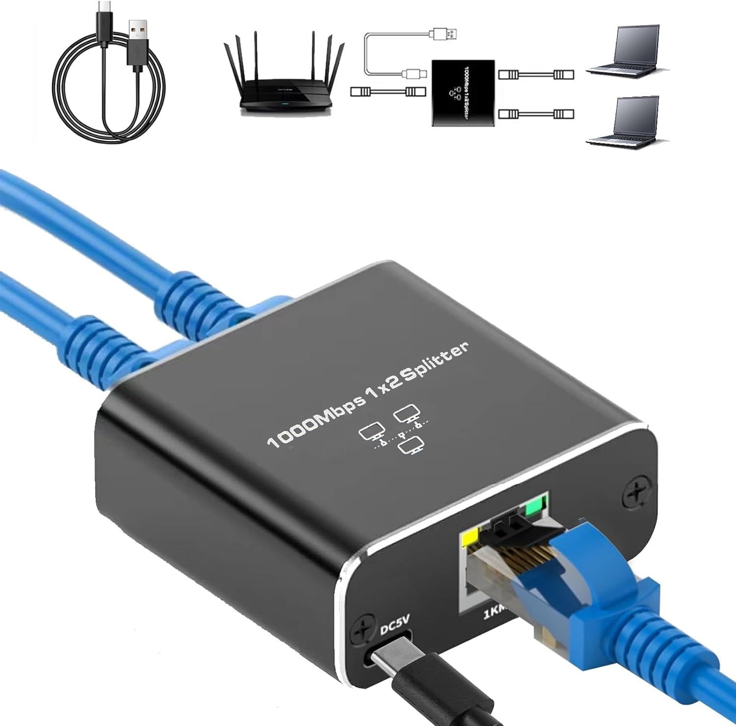 Splitter de Ethernet RJ45 de 1000 Mbps de 1 a 2