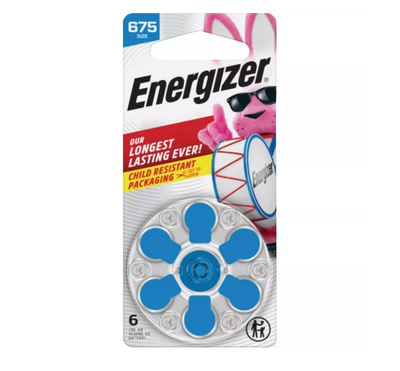 bateria para equipos auditivos Energizer tamaño 675 con pestaña azul (paquete de 6)