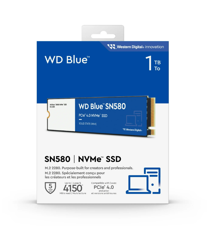 Disco SSD M.2 WD Blue  SN580 NVMe de 1TB WDBWMY0010BBL-WRWM