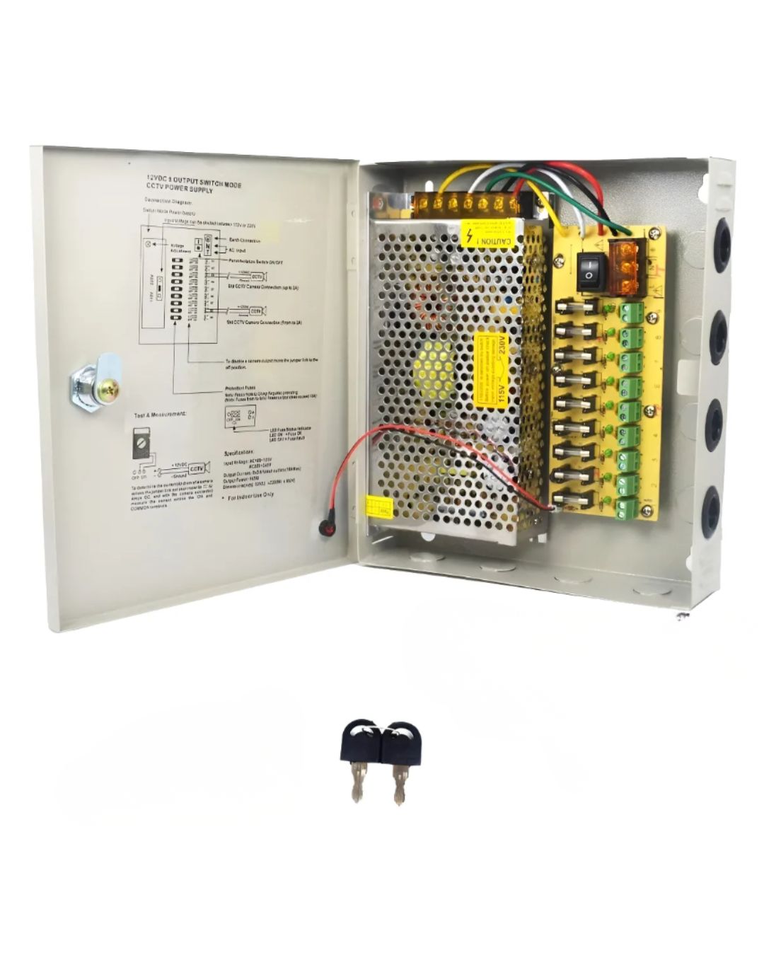 Fuente De Poder 9 Canales 12v 10a Con Tablero Y Llave Cctv