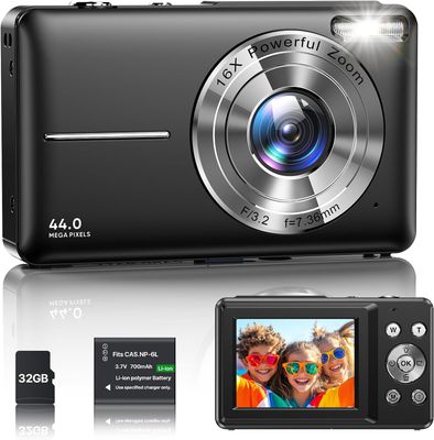 Camara digital 2 en 1 1080P, para fotografias y web cam con 32GB de SD. 44MP