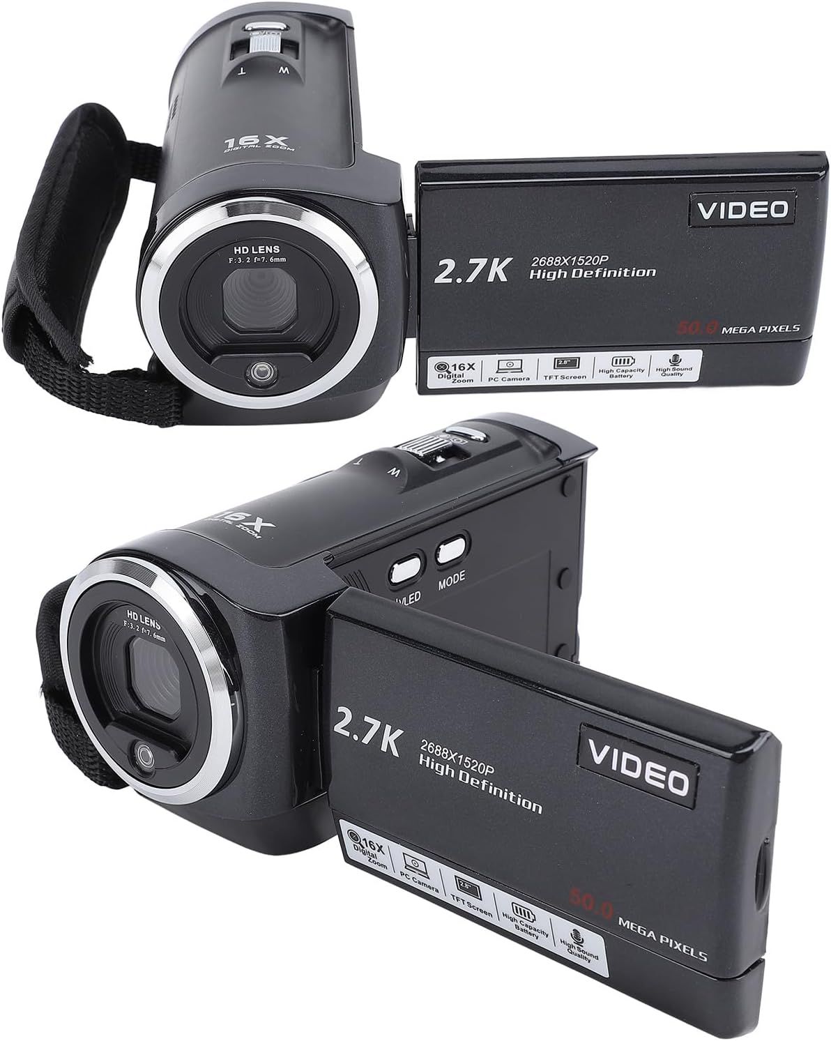 Videocamara de video, QHD 2.7K videocámara 50MP 16X 32GB