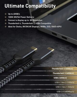 Cable Thunderbolt 4 de 40 Gbps con carga de 100 W y 8K/5K @60 Hz Maxonar 1 metros