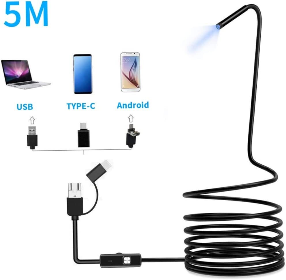Camara de inspección de endoscopio 3 en 1 para PC y Android 5 metros
