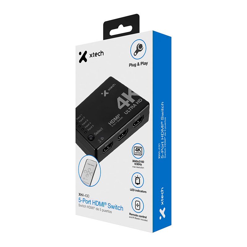 Switch Hdmi 4k Ultra Hd 5 En 1 Con Control, Xtech.