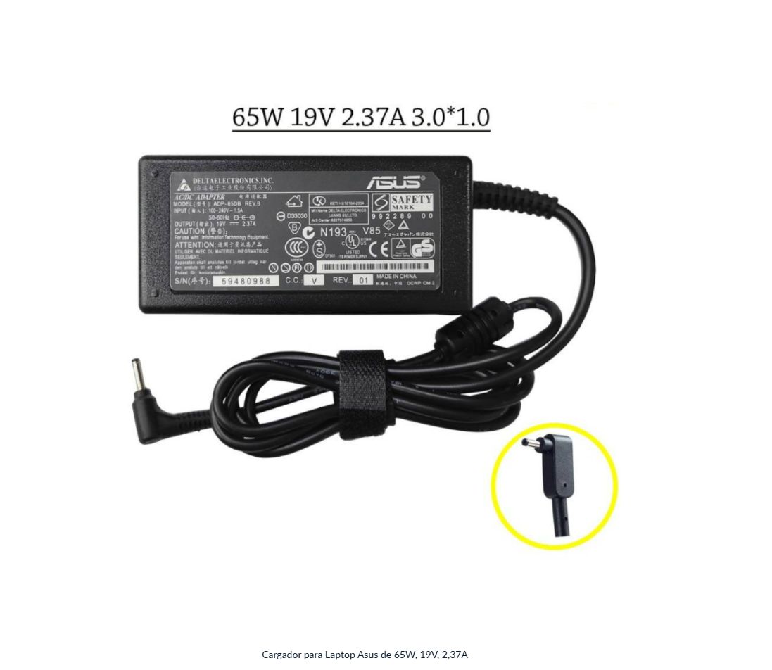 Cargador para Laptop Asus de 65W, 19V, 2,37A