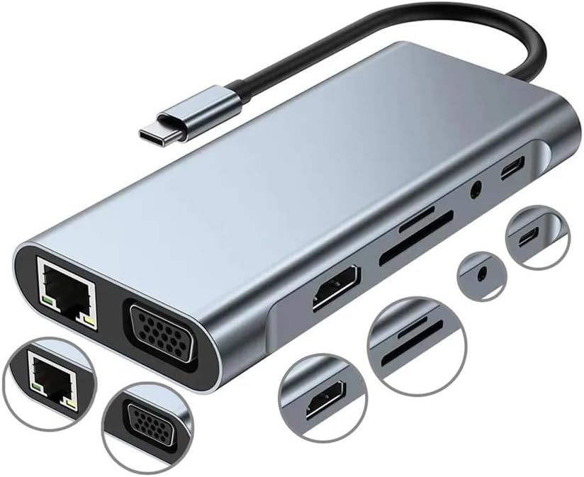 Hub 11 En 1 - Tipo C 4k | Hdmi | Usb | Vga | Rj45 | Audio