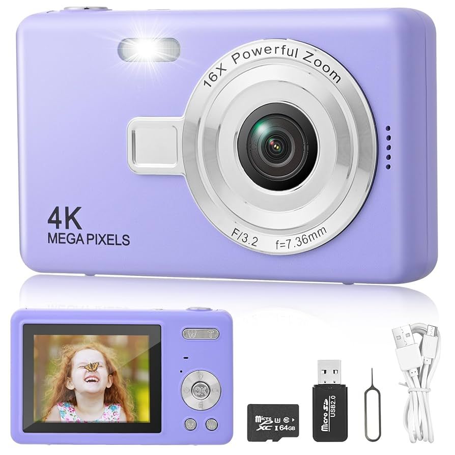 Camara digital 2 en 1 1080P, para fotografias y web cam con 64GB de SD. 48MP Morada