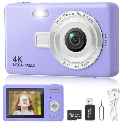 Camara digital 2 en 1 1080P, para fotografias y web cam con 64GB de SD. 48MP Morada