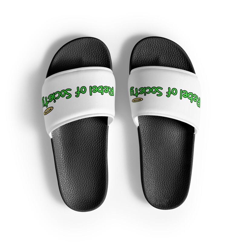 Christian Rebel of Society Men’s Slides (In both Black and White & Sizes 6.5-12.5), Color: Black, Size: 6.5