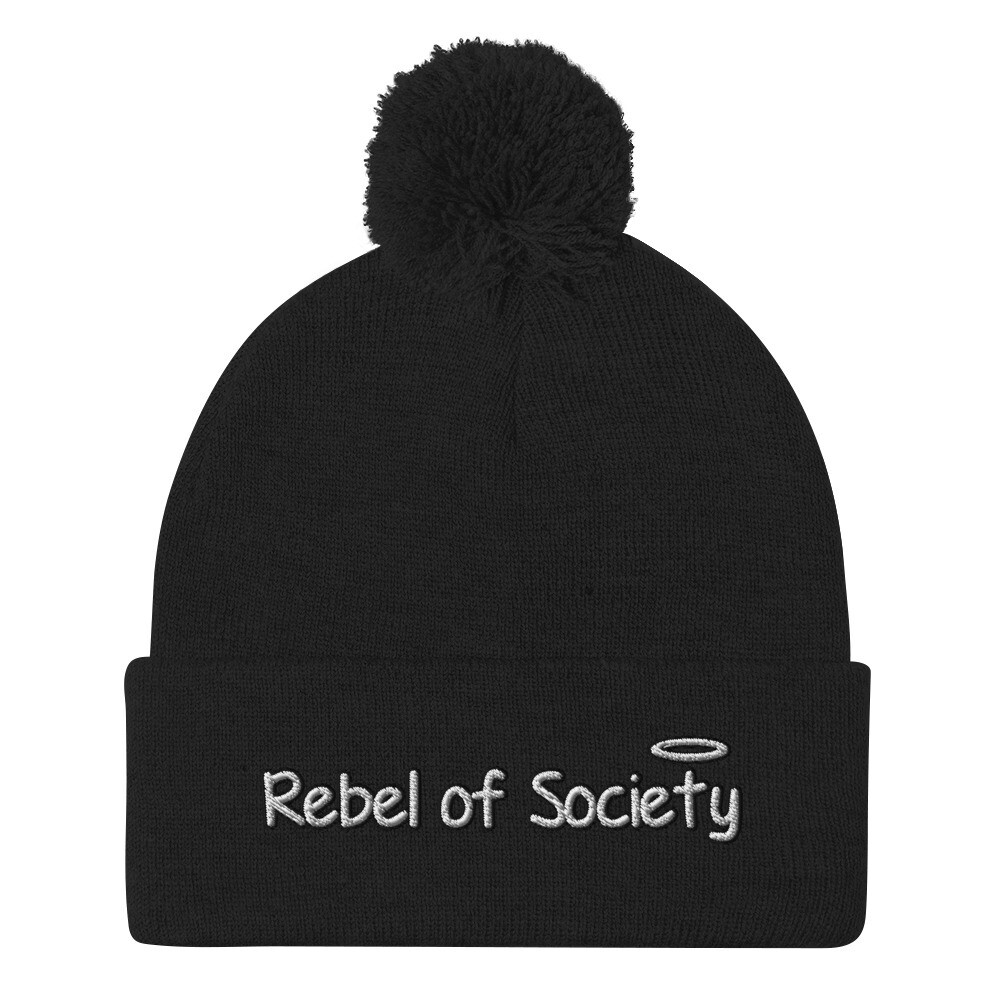 Christian Rebel of Society 3D Embroidery Pom-Pom Beanie (5+ Colors), Color: Black