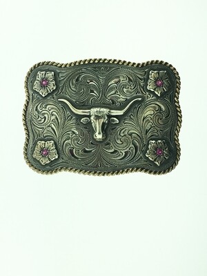 32-516 Trophy Longhorn Buckle with Gold Rope Edge and Flowers