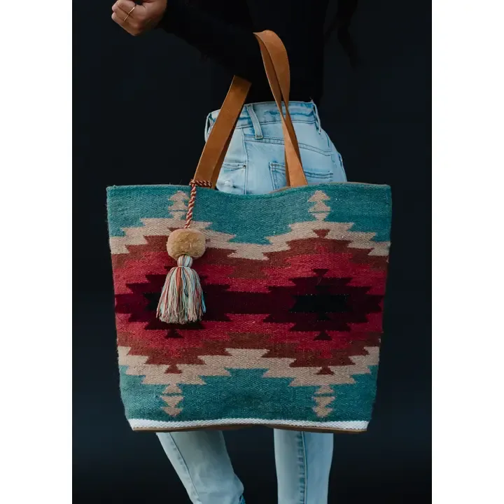 Aztec Tote Teal, Burgundy and Tan
