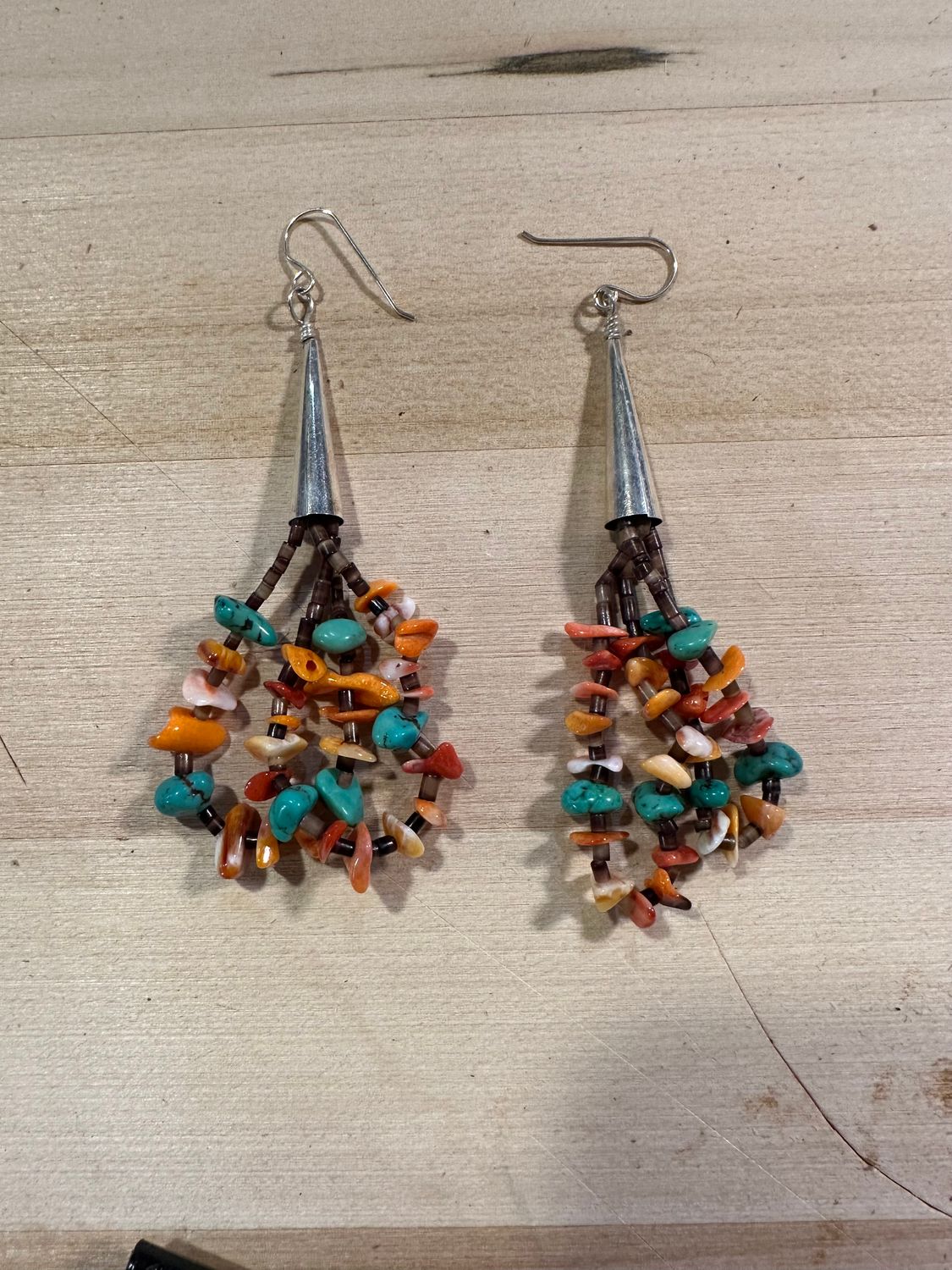 Navajo Sterling Silver Turquoise &amp; Spiny Chip Heishi Dangle Double Hoop Earrings