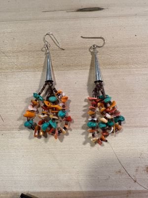 Navajo Sterling Silver Turquoise &amp; Spiny Chip Heishi Dangle Double Hoop Earrings