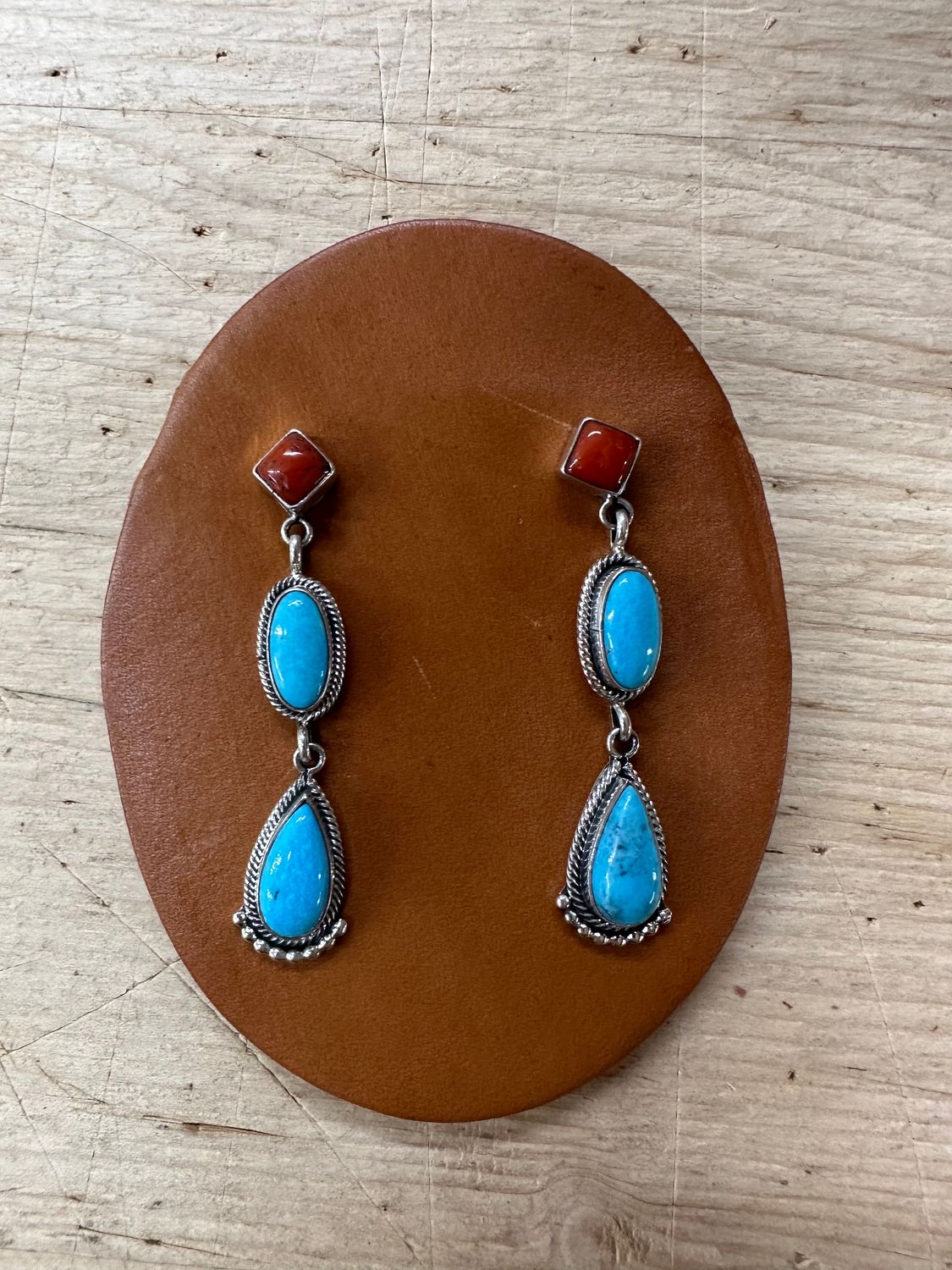 Navajo Turquoise, Coral, and Sterling Earring