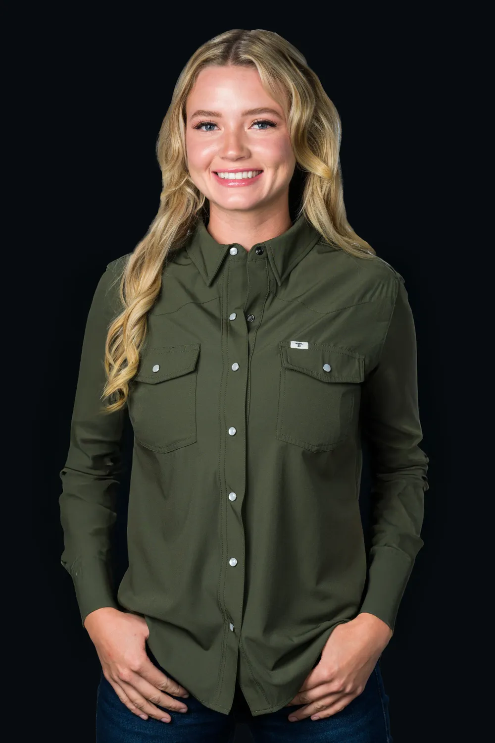 Ferrell Women's Olive Long Sleeve Snap Shirt