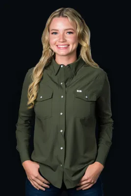Ferrell Women's Olive Long Sleeve Snap Shirt