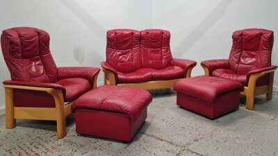 Ekornes Stressless 2 Seater Reclining Sofa &amp; 2 Reclining Chairs Red