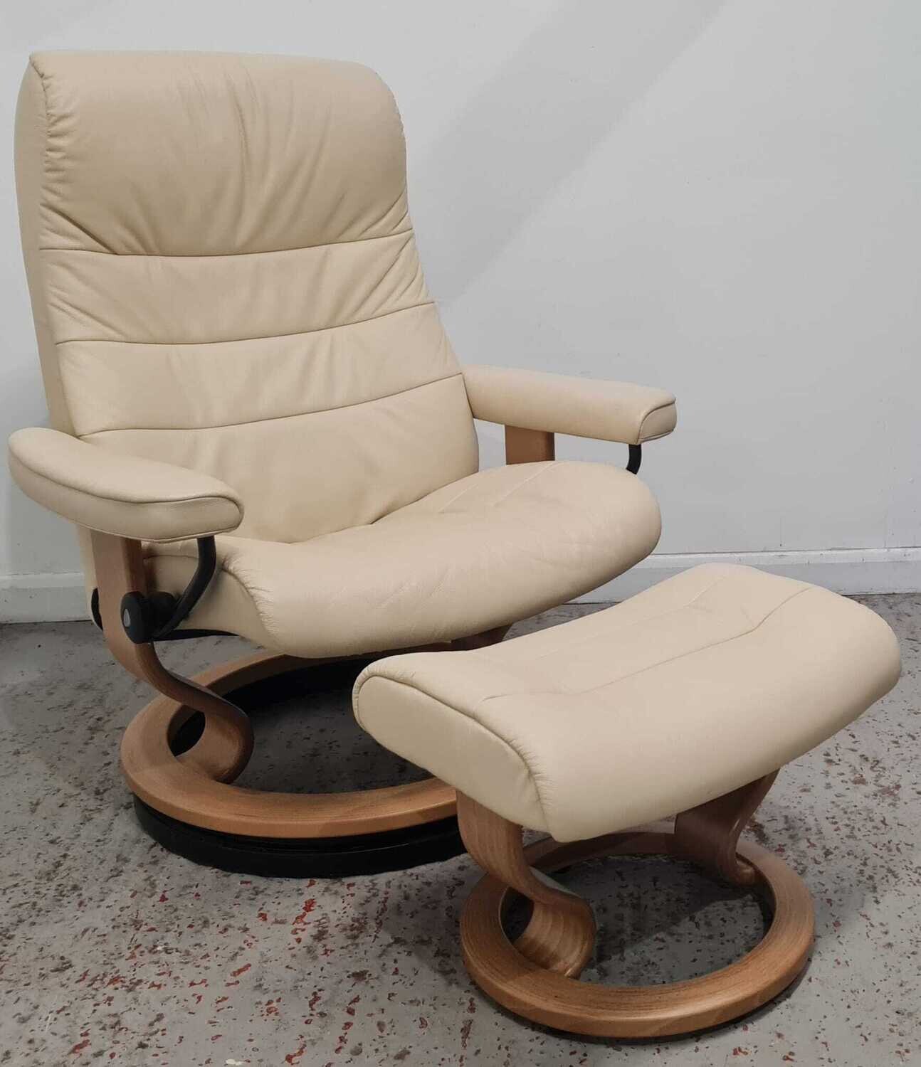 Ekornes Stressless Leather Recliner Chair &amp; Footstool Cream