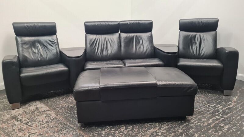 Stressless Black Cinema Suite 4 Seater Full Leather Sofa &amp; Ottoman