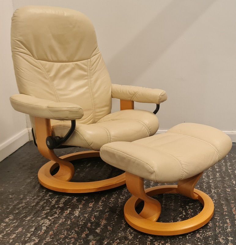 Ekornes Stressless Leather Recliner Chair, Footstool Cream