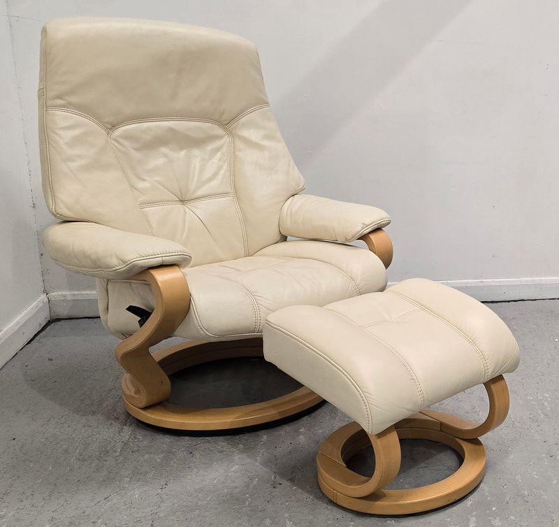 Himolla Tanat Leather Recliner Chair with Matching Footstool Cream