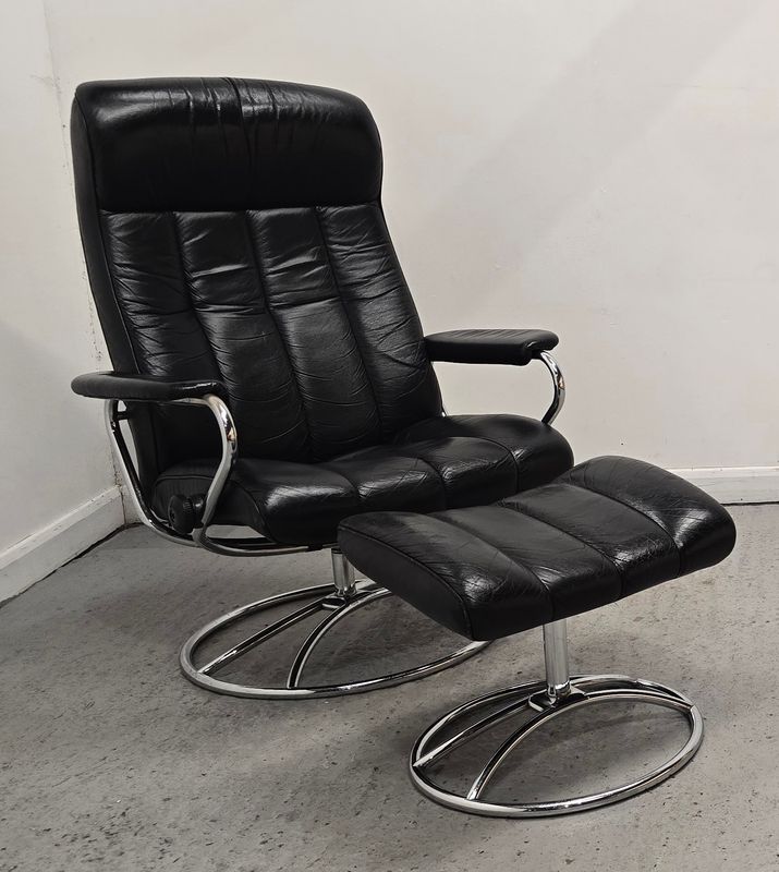 Ekornes Stressless Retro Leather Recliner Chair &amp; Stool Chrome Base RARE
