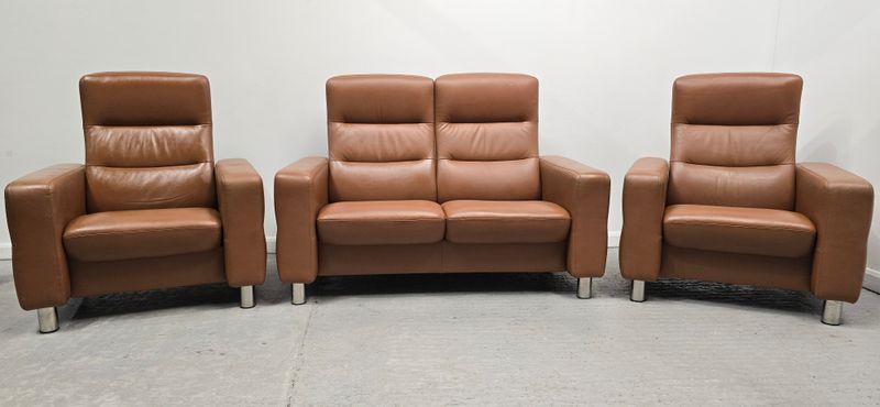 Ekornes Stressless Leather 2 Seater Reclining Sofa &amp; 2 Chairs Wave
